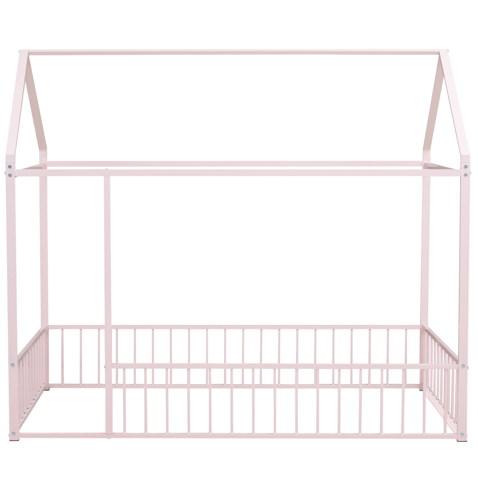 DEALTOPS Twin Size Metal House Bed with Fence, Montessori Floor Bed Frame for Kids, Pink