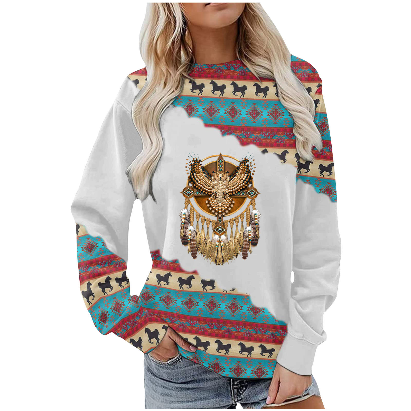 Hfyihgf Color Blcok Hoodie for Women Western Geometric Graphic Pullover