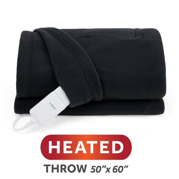 Sunbeam Heated Electric Brushed Fleece Throw Blanket, Black, 4 Heat Settings, 50 x 60 in