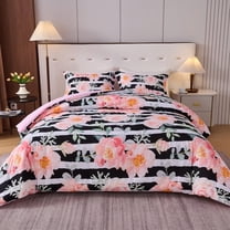 Koniroom 3PCS Black Pink Floral Comforter Set King Size, Botanical Bedding Sets with Watercolor Roses for Women Teen Girls