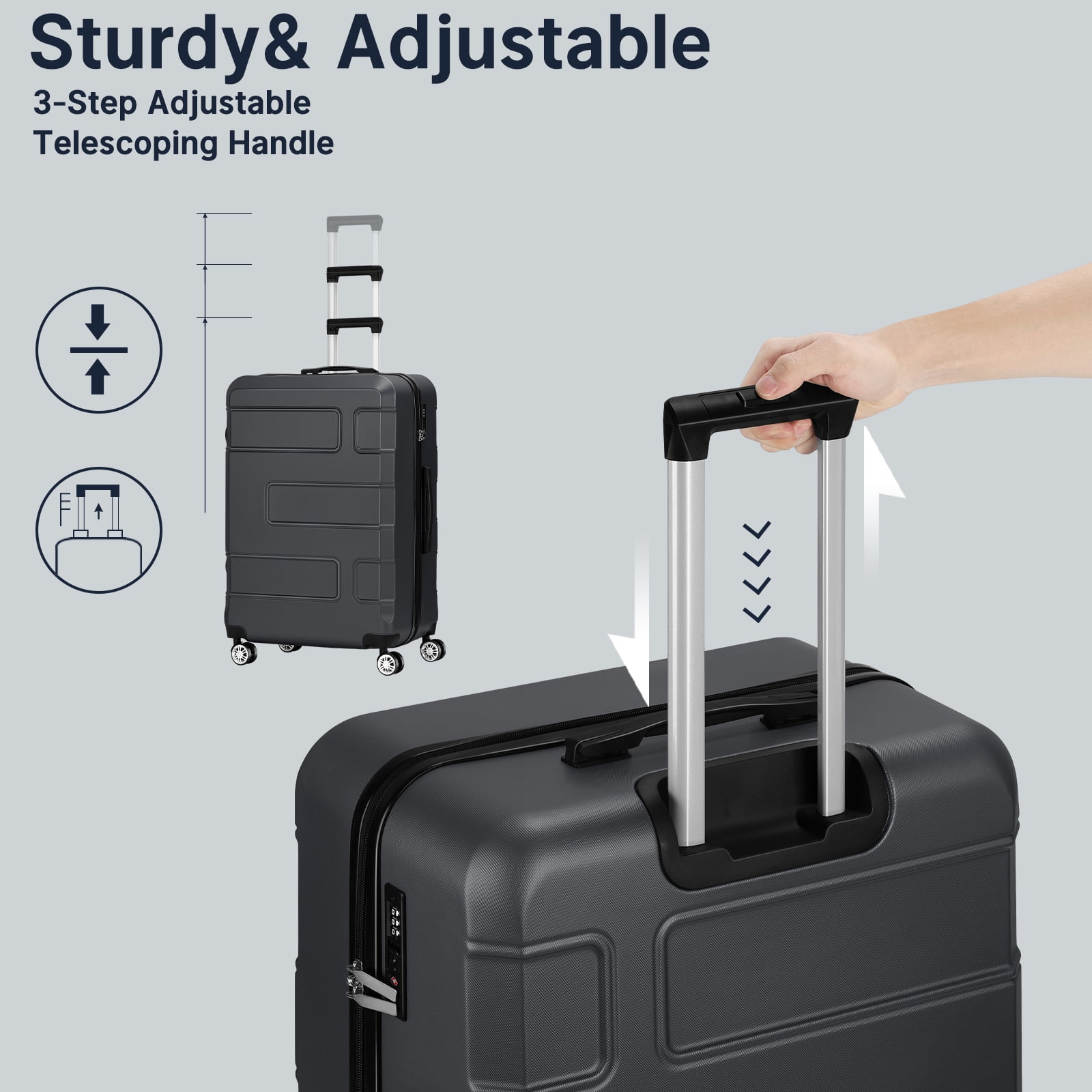 Hikolayae TSA Lock 3 Piece Luggage Sets Hardside Spinner in Charcoal