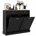 thumbnail image 3 of AHB Double Tilt Out Trash Cabinet with Drawers and Handles, Fits Two 13 Gallon Trash Bins, Kitchen Trash Can Storage Organizer, 40"L x 13"W x 36"H, Black/Light Brown Top, 3 of 9