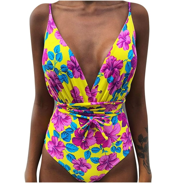 Leutsin Maillot de Bain Femme Col en V Bandage Imprimé une Pièce Bikini