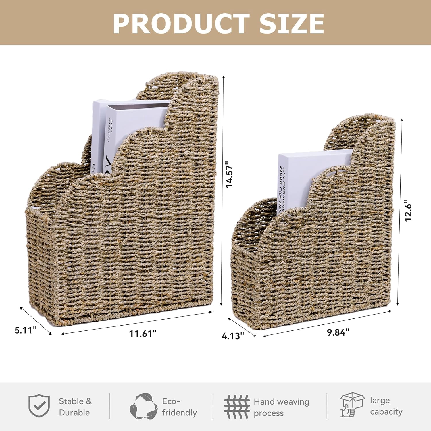 BROWNLILY Set Of 2 Handwoven Seagrass Magazine Holders | Natural Storage Baskets For Living Room, Office, Bedroom