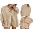 thumbnail image 4 of Women Two-piece Pants Suit  Solid Color Long Sleeve Blouse and Drawstring Elastic Waist Shorts, 4 of 7
