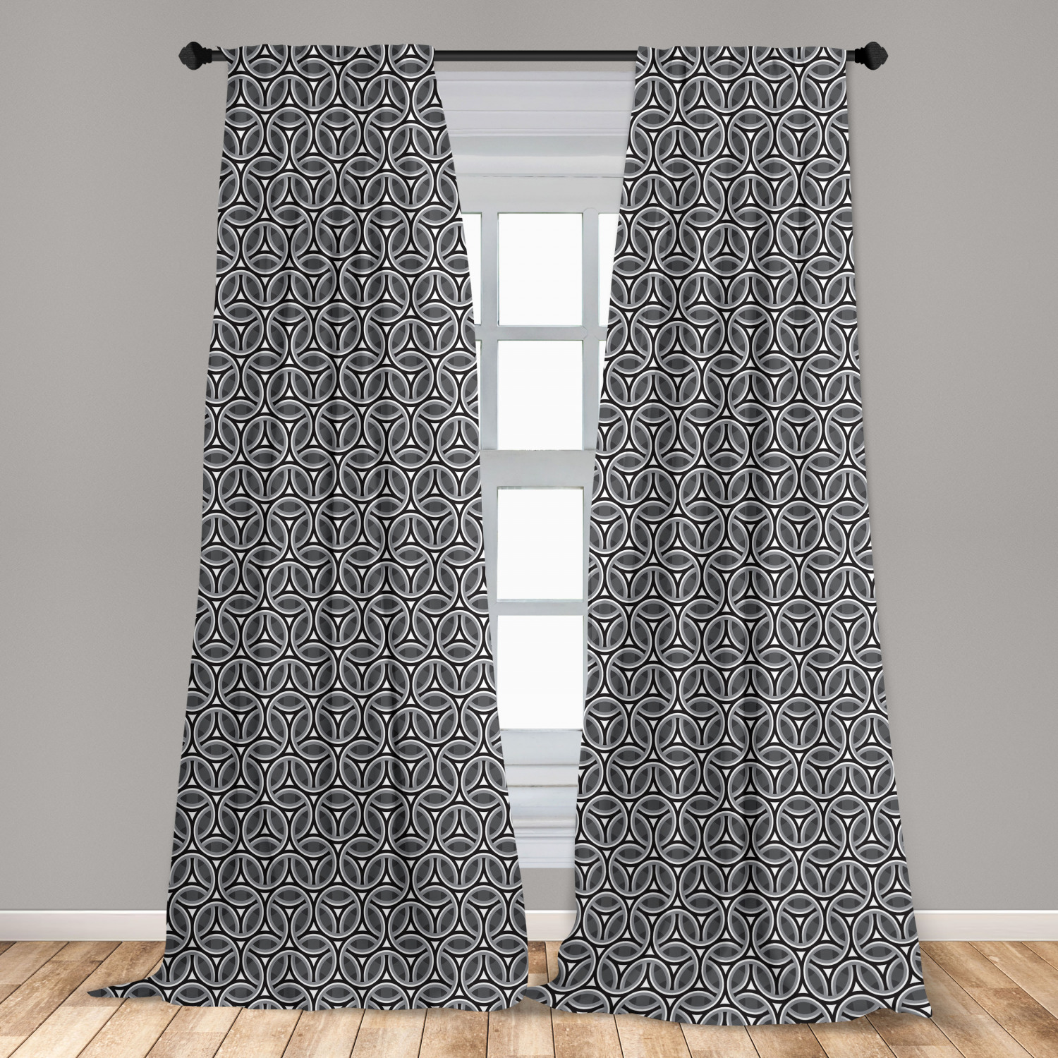 Geometric Curtains 2 Panels Set, Greyscale Circular Pattern