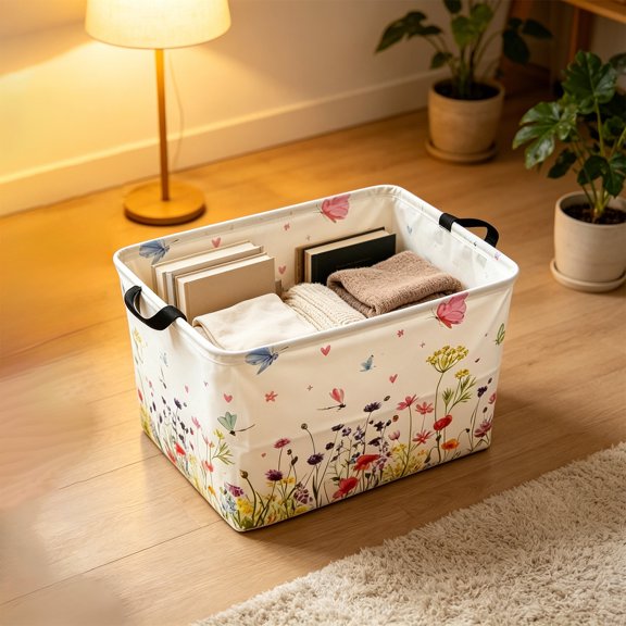 Canvas Storage Basket, Foldable Organizer Bin With Handles, Cute Print Box For Toys Clothes