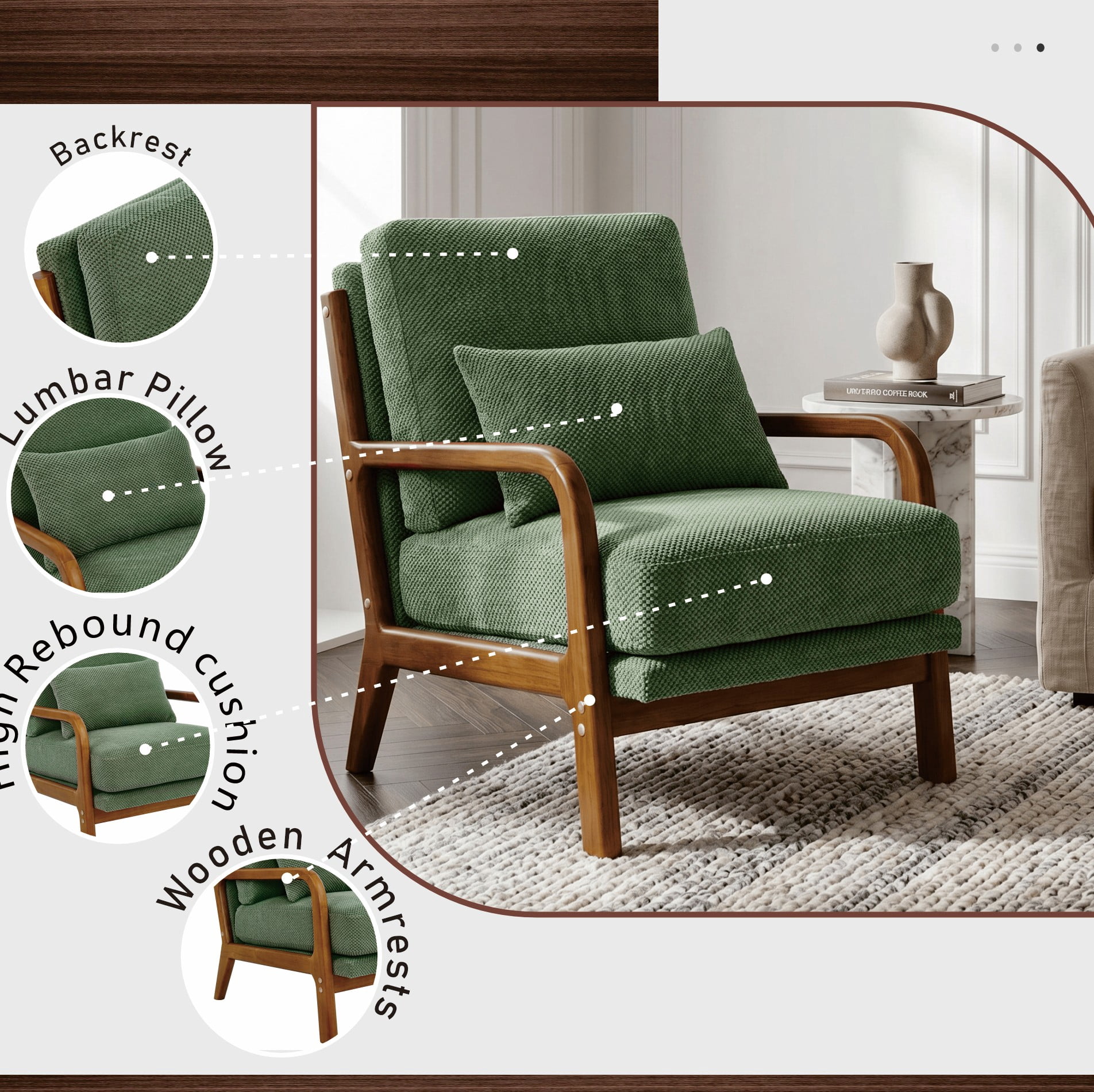 MOONMISS Accent Chair, Reading Club Chair with Pillow for Living Room Bedroom Furniture,Green