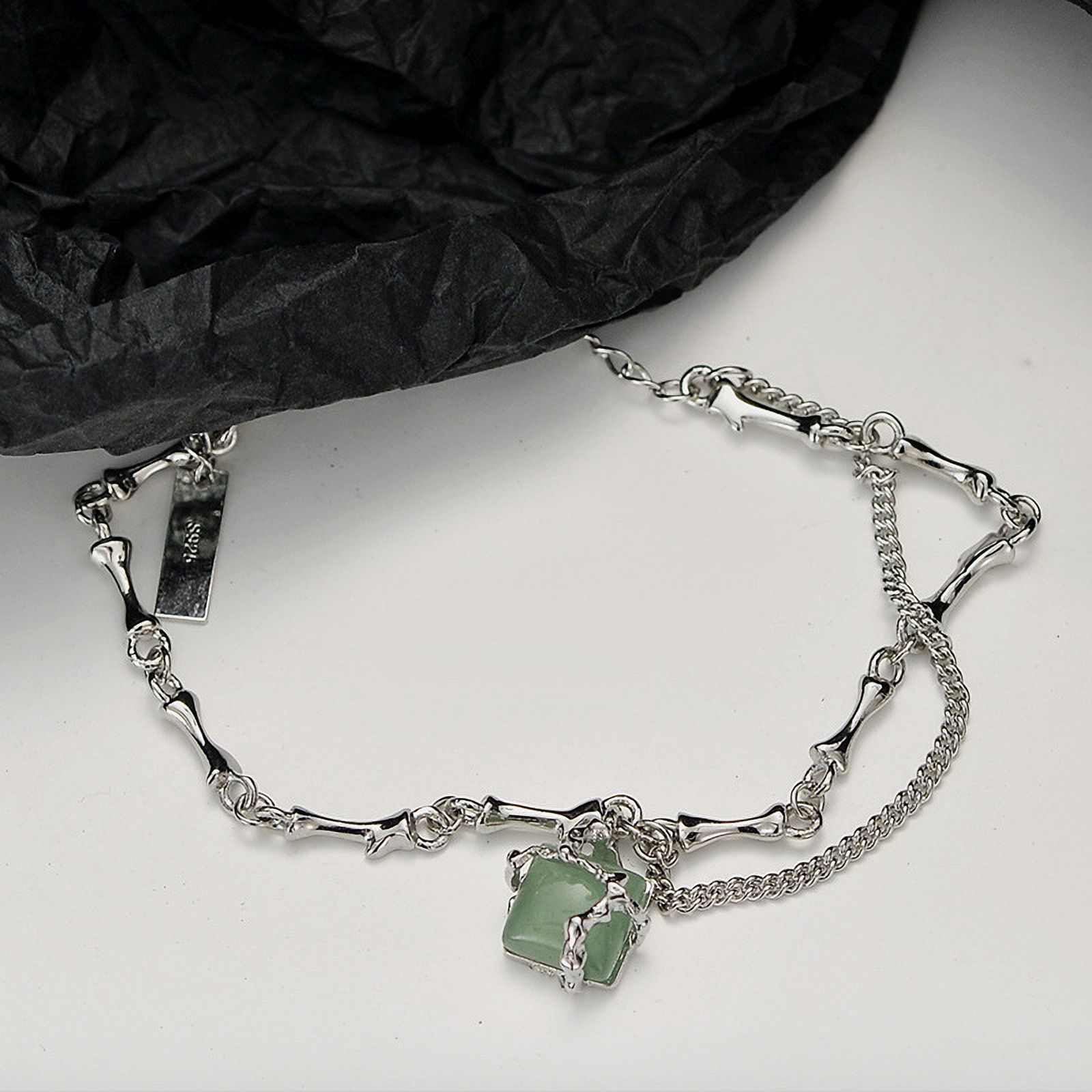 Wollet S925 Sterling Silver Bracelet, Green Dongling Jade Bracelet for Women(14.5+3.5cm) 7 inches