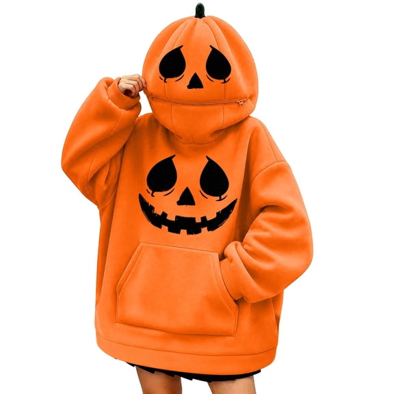 Halloween Hoodie for Women Pumpkin Mask Zip Up Hoodies Oversized Sweatshirts with Pockets Long Sleeve Tops Halloween Party Daily Outwear