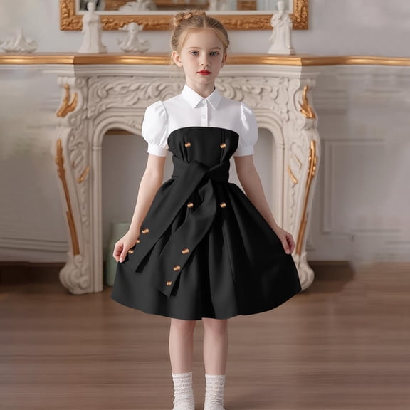snilers Girls Puff Short Sleeve Midi Dress Cute Color Block Belted Uniform Dresses Summer Lapel Button Down Shirt Dress 8-13 Years