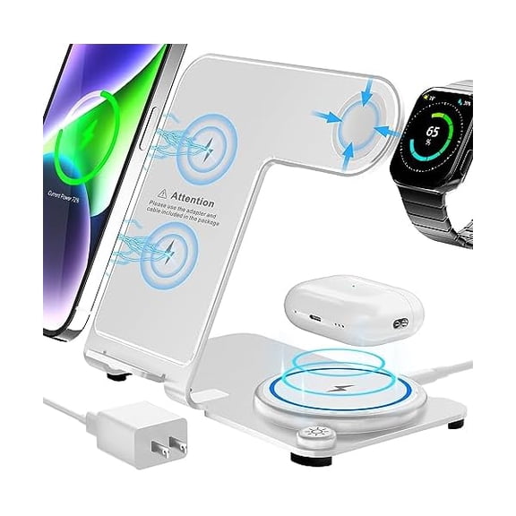 FU1999Wireless Charger 3 in 1,Aluminum Alloy Wireless Charging Stand 18W Fast Charging for iPhone 15/14/13/12/11/Pro/Max/XS/XR/X/8, iWatch9/8/7/6/5/4/3/2/SE, Airpods Pro/3/2