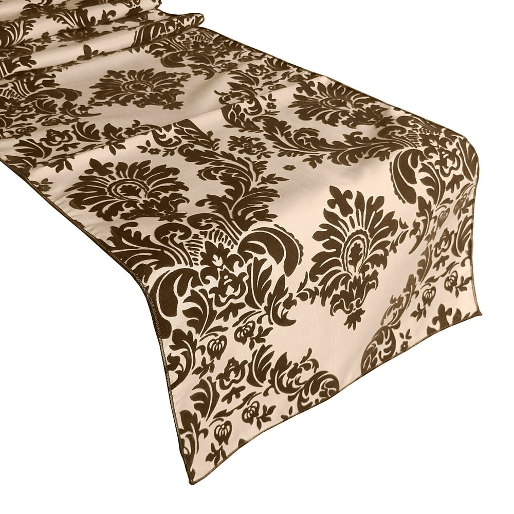Flocked Damask Table Runner Brown on Beige