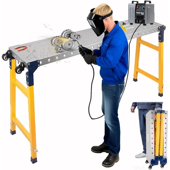 Adjustable 5 Level Height Welding Workbench Table, 1200 LBS Foldable Welding Table, Carbon Steel Table Top Folding Workbench with Wheels, Welding Table for Metal Fabrication Projects