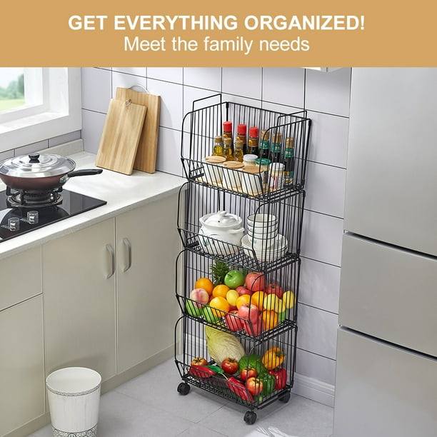 4-Tier Collapsible Kitchen Wire Baskets with Lockable Casters Stackable Fruit Rack Shelf Rolling Vegetable Fruit Metal Storage Bins for Kitchen, ...