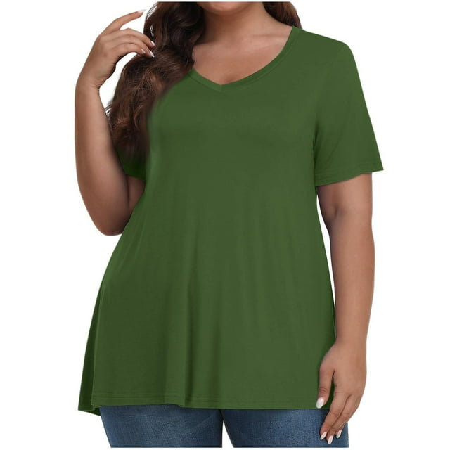 Timegard Womens Summer Tops Plus Size V-Neck Short Sleeve Comfy Long Tops Basic Tee Casual Loose Blouse