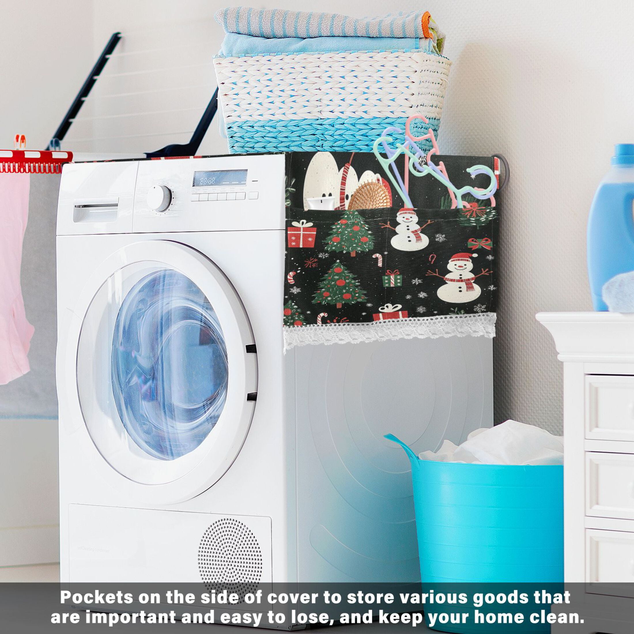 Snowmen and Christmas TreeWasher and Dryer Covers Dust-Proof and Oil Resistant Fridge Cover with 4 Storage Pockets Washing Machine Top Cover for Laundry Kitchen Home 51.2 x 22 In