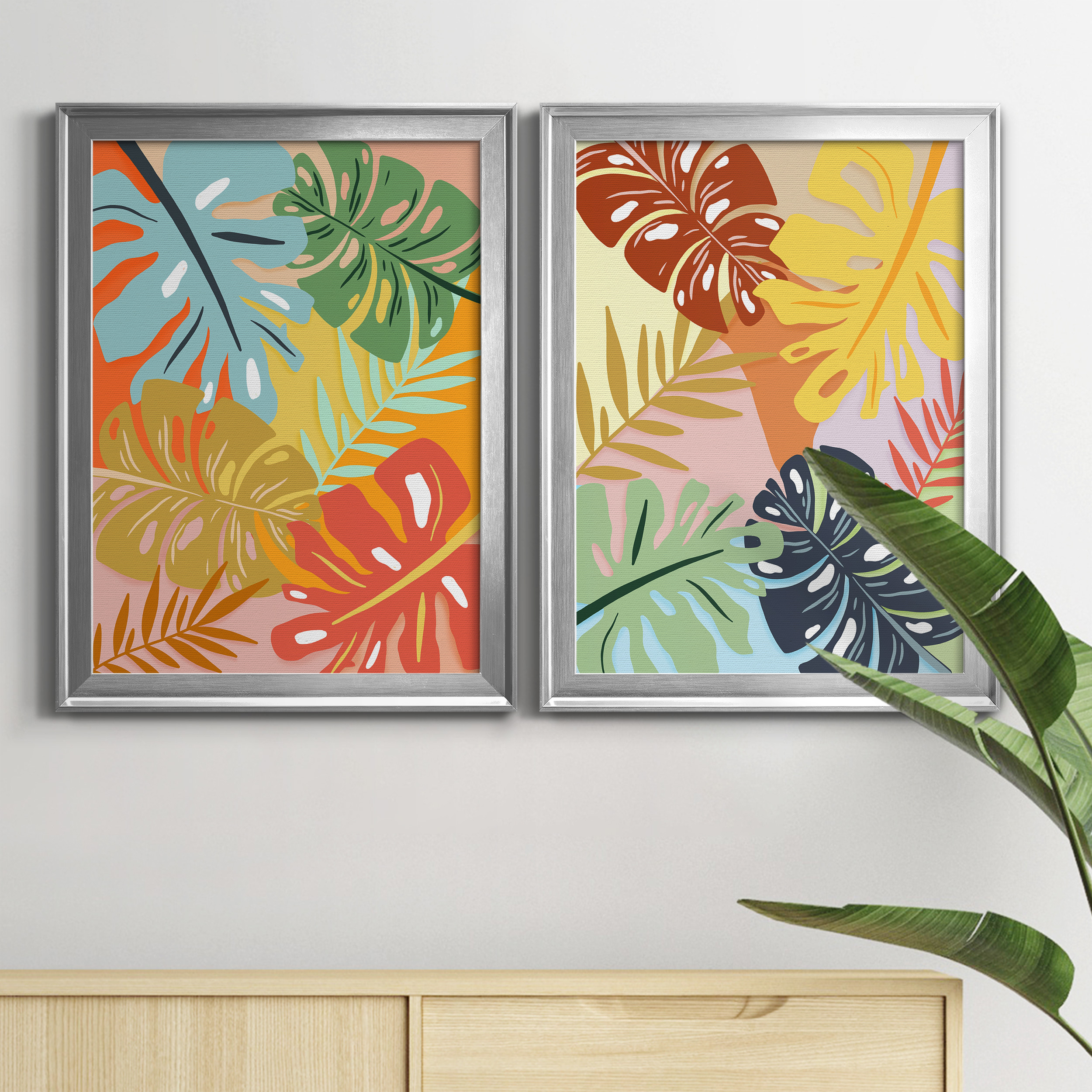 2 Piece Set Tropical Foliage I Premium Framed Canvas - Ready to Hang - 22.5 x 30.5 Each - Silver Frame