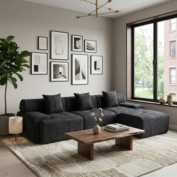 L-Shaped Modular Sectional Sofa with Ottoman, Comfy Boneless Sofa Cloud Couch with Deep Seat, Chenille Sofa Couch for Bedroom Living Room