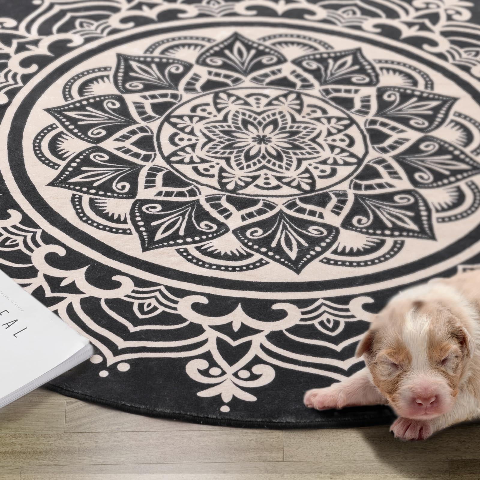 Carvapet Round Area Rug for Living Room, Non Slip Machine Washable Bathroom Rugs, Extra Soft Rugs for Bedroom, Boho Mandala Print Circle Rugs, 3ft Round Black