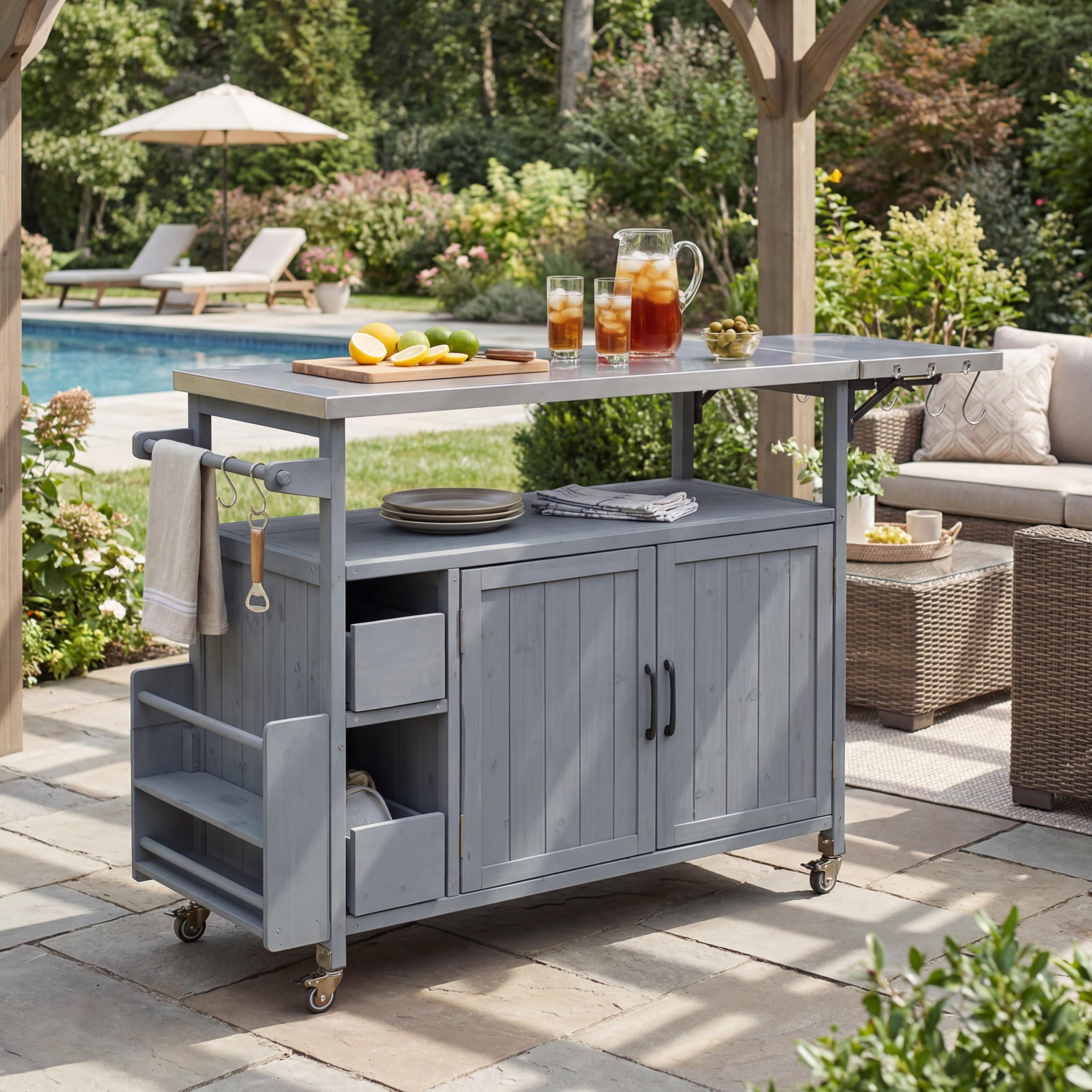 Rolling Kitchen Cart, 54.33 Inch Farmhouse Outdoor Serving Cart for Patio Backyard BBQ, Cream