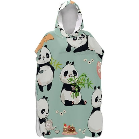 

Cute Pandas with Umbrella Bamboo Ballon Kettle onTurquoise Adult Surf Poncho Changing Robe with Hood and Pocket Quick-Drying Bathrobe Microfiber Towel Wetsuit for Bath Beach Outdoor