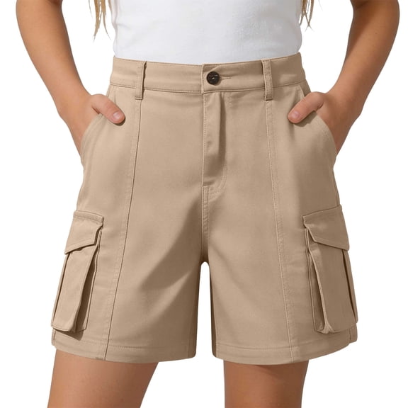 WOYY Girls Cargo Shorts Kids Unisex School Uniform Khaki Shorts with Pockets, Sizes 5-15, Khaki