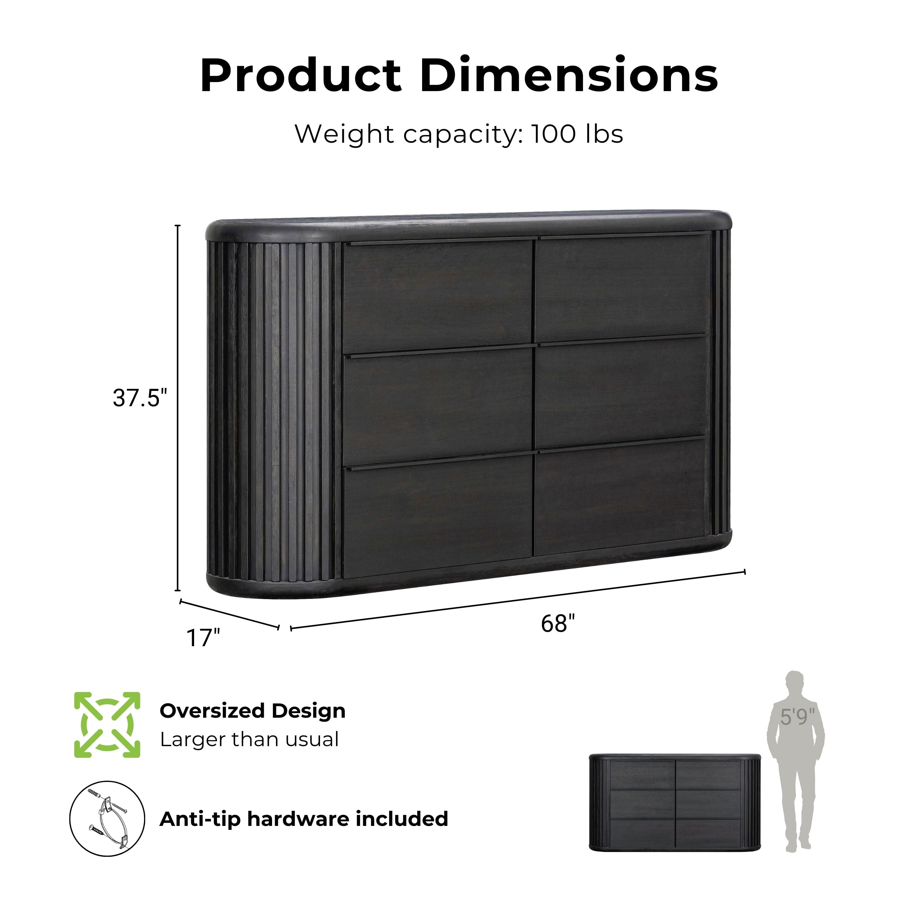 Furniture of America Kaelin Modern Fluted and Rounded 6-Drawer Dresser, Black