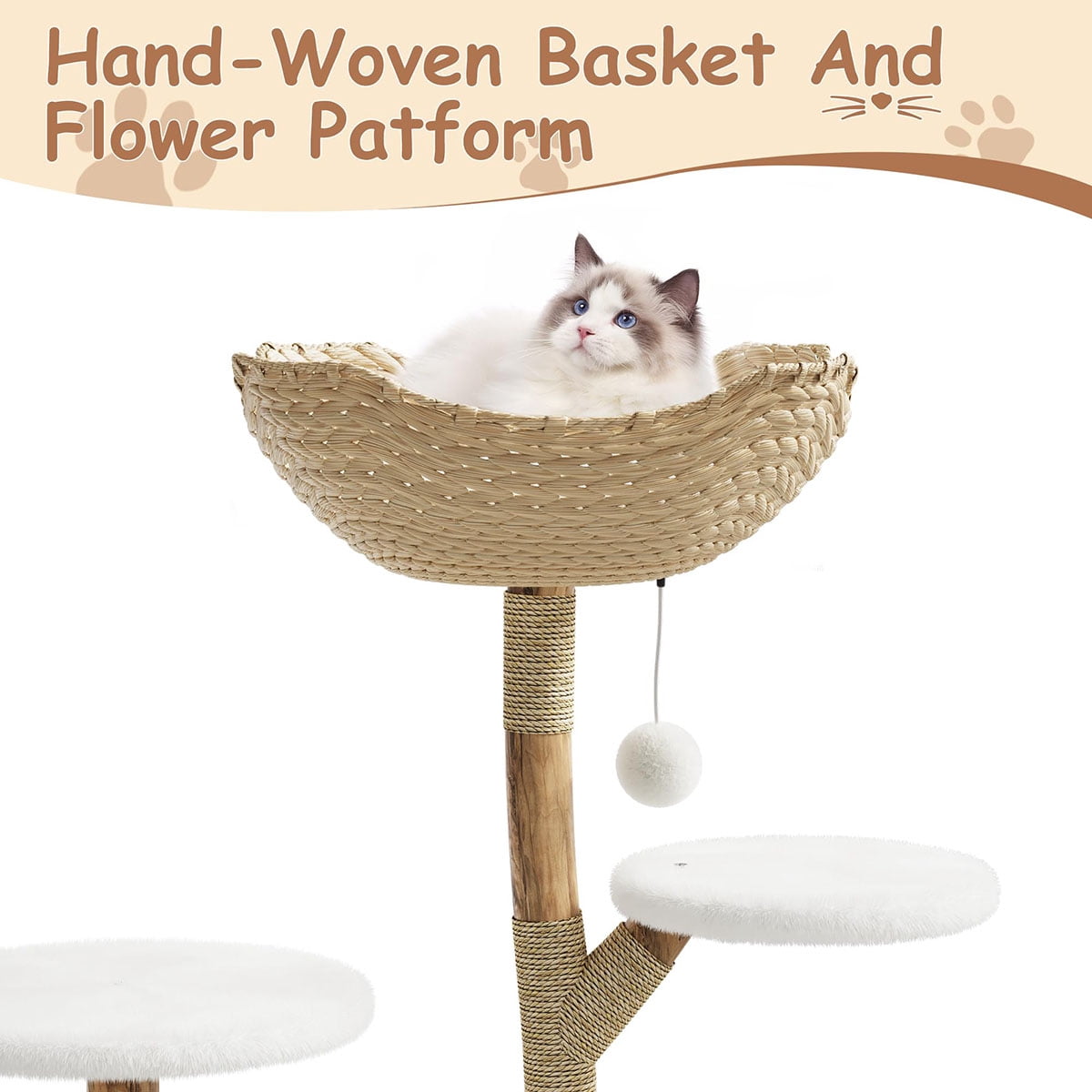 Ataucjin 43" Modern Natural Wood Cat Tree for Cats Aesthetic Cat Tower with Large Basket, Scratching Posts and Real Branch Design, White Luxury Cats Tree