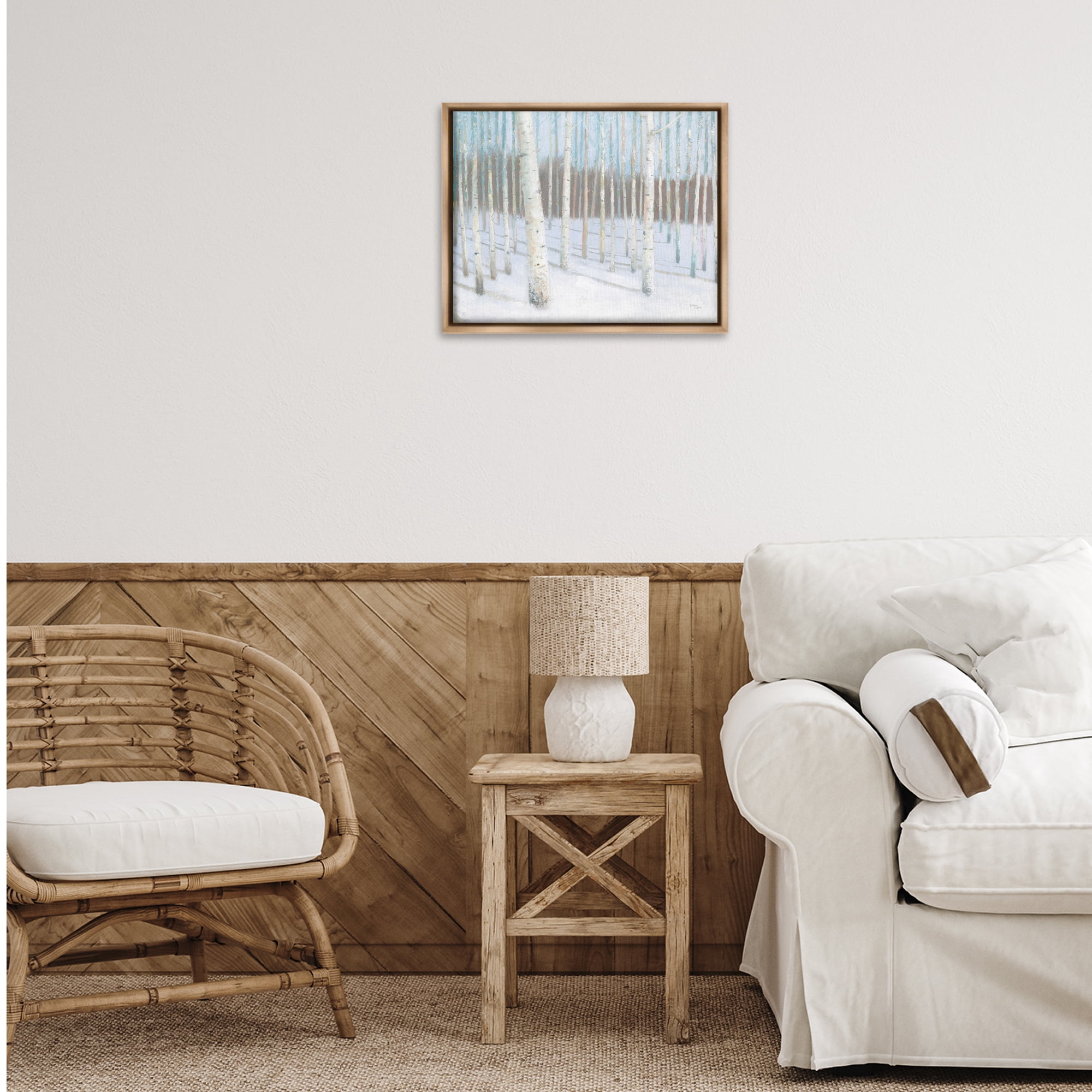 Stupell Industries Winter Birch Forest Landscape & Nature Painting Brown Floater Framed Canvas Art Print Wall Art, 21 x 17