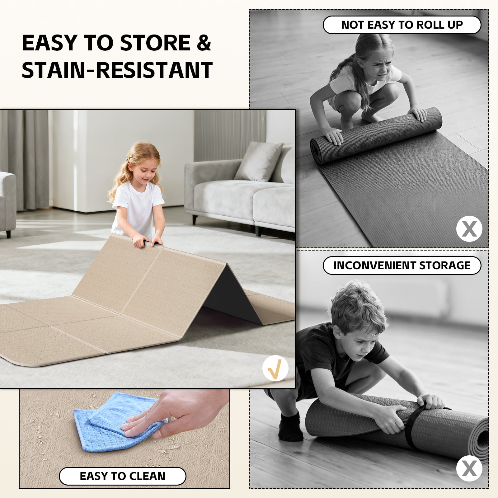 BAIMA Large Yoga Mat Thick Extra Wide and Long , Foldable Portable Travel Square Mats (Milkcoffee +Black)