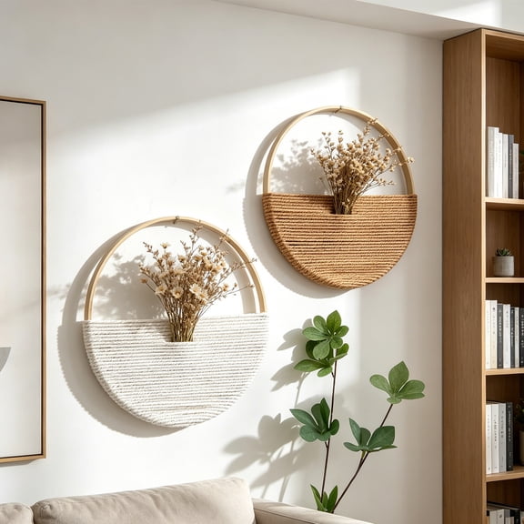2 Piece Set Double Round Bamboo Wreath Decorative Wreath Woven Wreath Wall Hanging Suitable For Living Room Bedroom And Guesthouse Decorations Natural Wood Ring Cotton Rope Boho Style