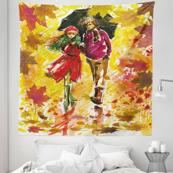 Fall Tapestry, Couple Walking at Alley in Autumn Park Rainy Weather Romantic Watercolors Art, Fabric Wall Hanging Decor for Bedroom Living Room Dorm, 5 Sizes, Multicolor, by Ambesonne