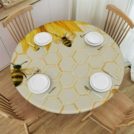 

Ollo0ord Bee Sunflower Table Cloth Round Fitted Tablecloths with Elastic Edge Wipeable Waterproof Table Cover for Kitchen Wedding Yellow Floral Spring Summer Watercolor 46 -50
