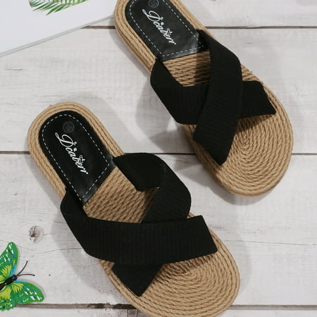 

Women‘s Cross Strap Flat Slippers Outdoor Espadrille Sole Beach Slide Sandals Solid Color Flat Shoes