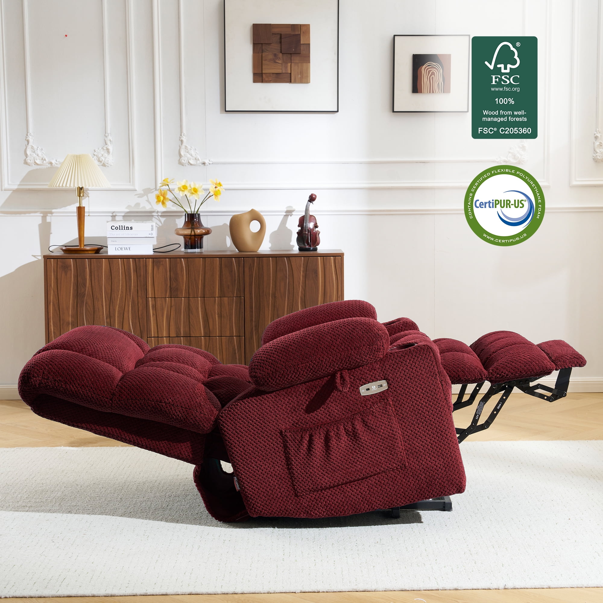 MCombo Large Lay Flat Dual Motor Power Lift Recliner for Big and Tall Elderly, Fabric(Burgundy)