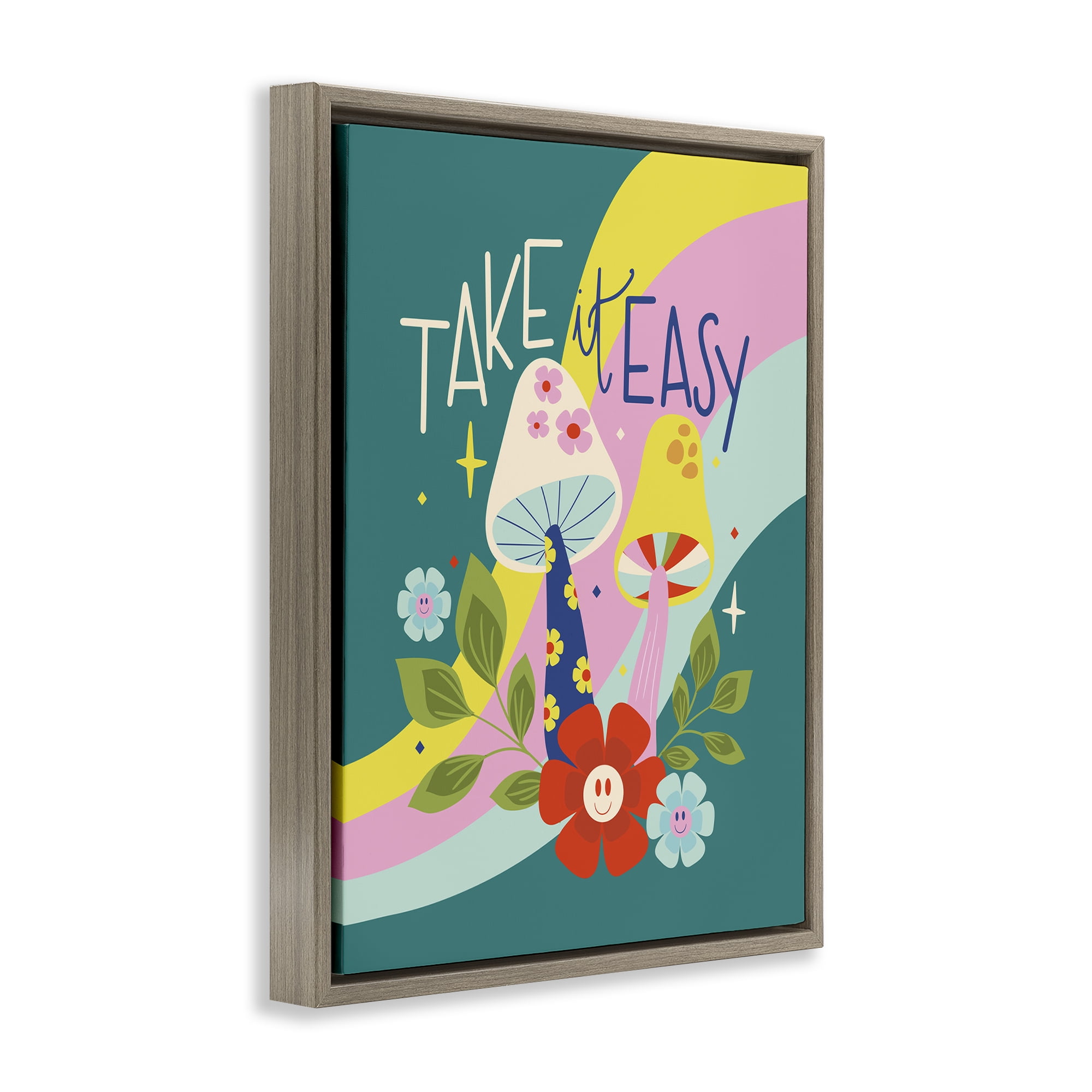 Stupell Industries Take It Easy Mushrooms Plants & Flowers Painting Brown Floater Framed Canvas Art Print Wall Art, 17 x 21