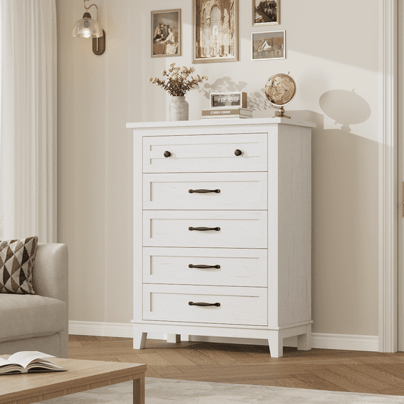 Bingirl White Freestanding 41.3 Inch Tall Vertical Wooden Chest of Dresser with 5 Storage Drawer for Living Room Bedroom Entryway Bedroom