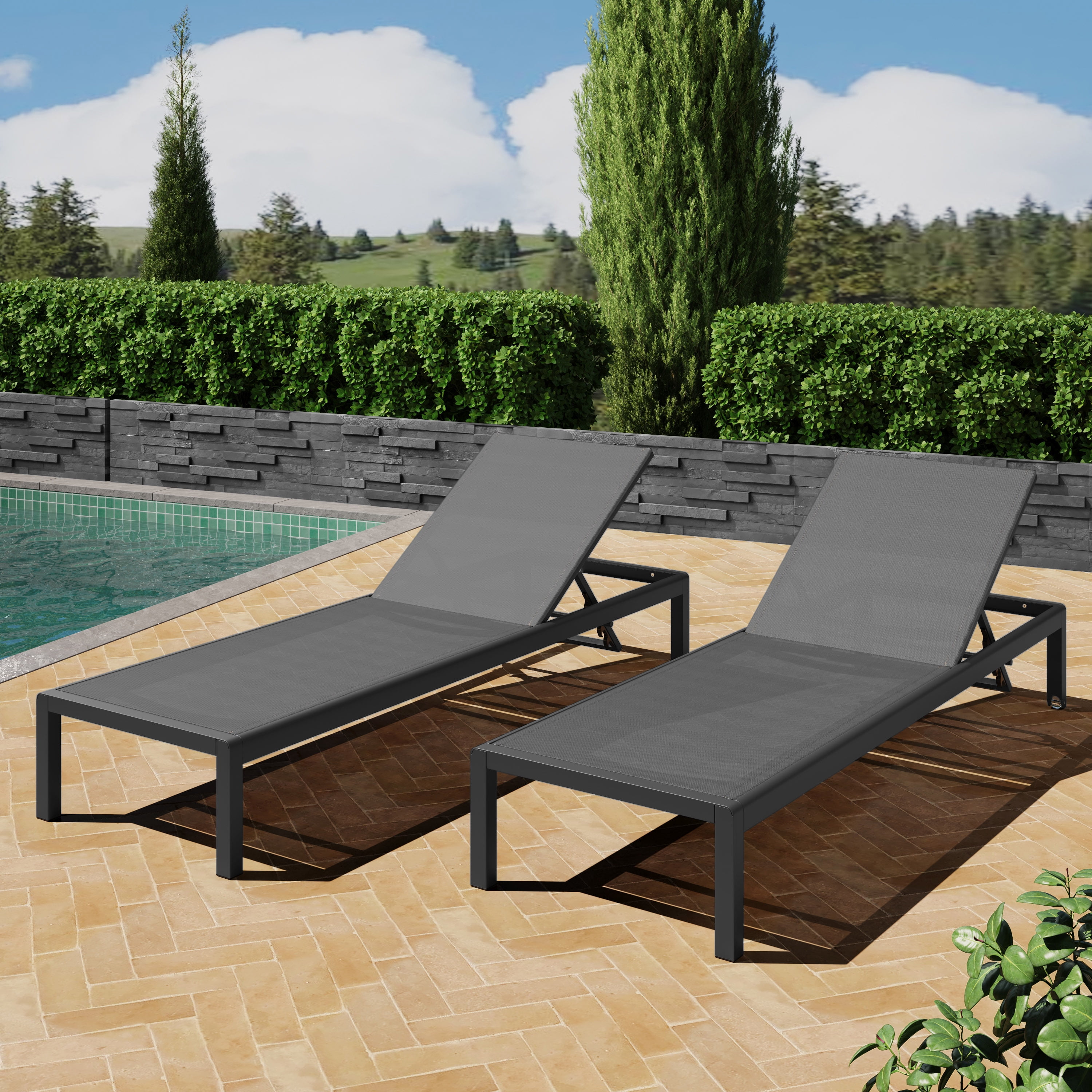 Adjustable Mesh Aluminum Patio Chaise Lounges Set of 2 for Poolside Deck, Black