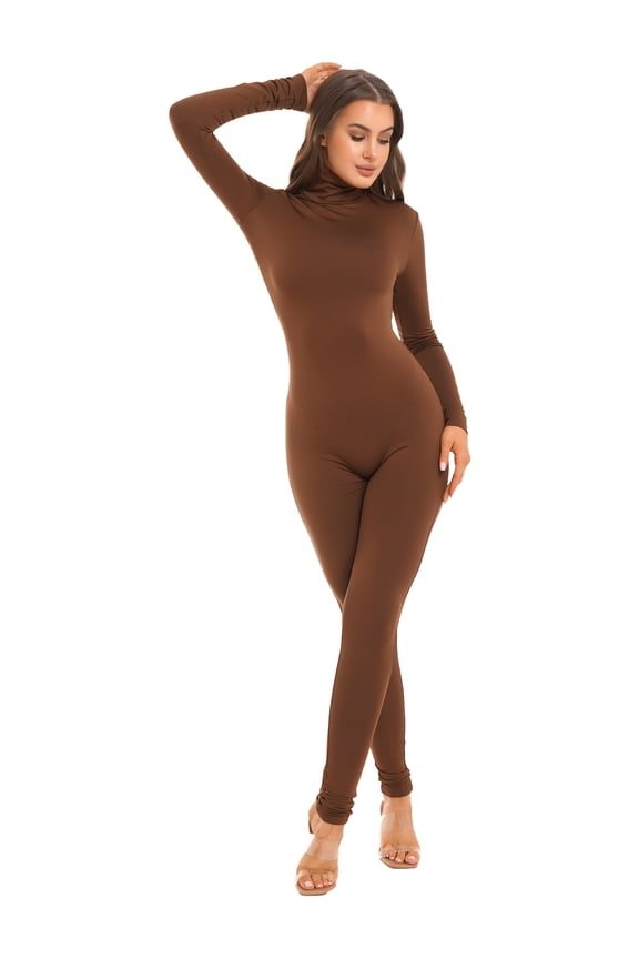 Womens Solid Color Long Jumpsuit Long Sleeve Bodysuit Gym Yoga Sports Jumpsuit Brown M