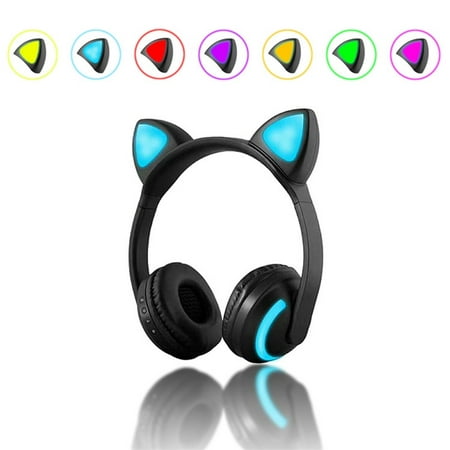 JINSERTA Bluetooth Stereo Cat Ear Headphones Flashing Glowing cat ear headphones Gaming Headset Earphone 7 Colors LED
