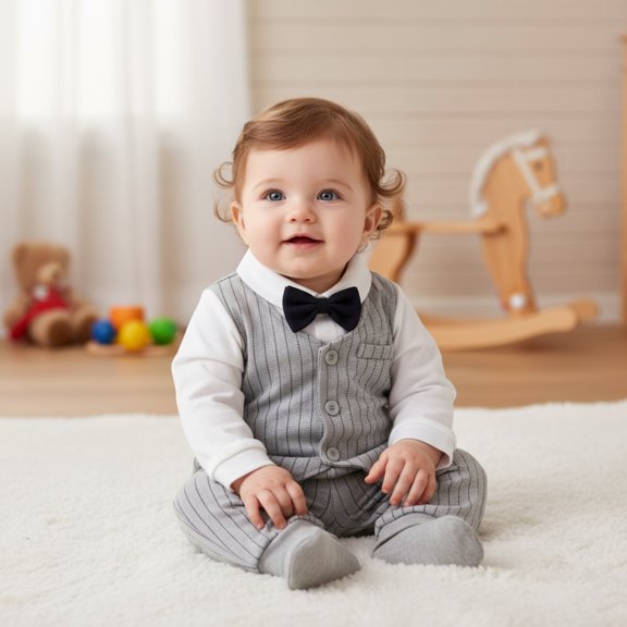 Baby Boy Gentleman Suit Jumpsuit with Bow Tie  Vest