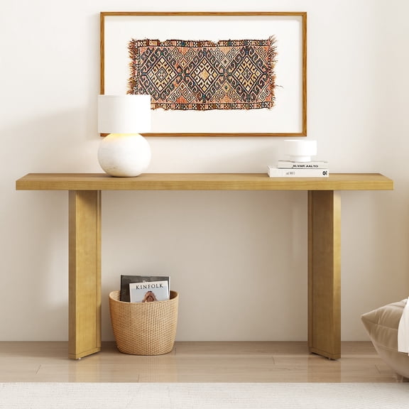 63" Console Table with Pine Veneer and Geometric Legs,Wooden Sofa Table Entryway Table for Living Room,Entryway,Dining Room,Natural