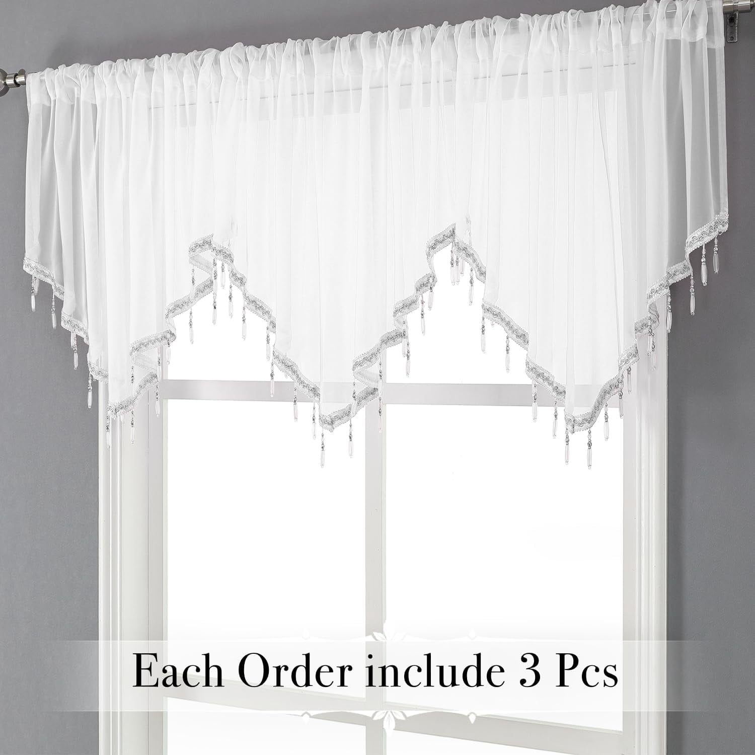 Kiibsot 3-Pack Halloween Beaded Sheer Valance Curtains for Windows, Triangle Sheer Voile Kitchen Swag Curtain Valances Boho Bead Tassels Window Valances for Bedroom Living Room, Each 51 x 24 Inch