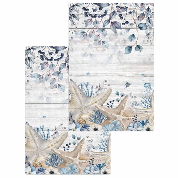 Blue Beige Coastal Kitchen Dish Towels for Drying Dishes Set of 2, Beach Starfish Summer Eucalyptus Retro Waffle Weave Microfiber Hand Tea Bathroom Towels Quick Dry & Absorbent Towel 15.7x23.6