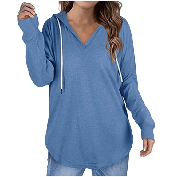 lulshou Hoodies for Women V-Neck Hooded Long Sleeve Fitness Sweatshirt Comfortable Wear with Drawstring, Blue, XL
