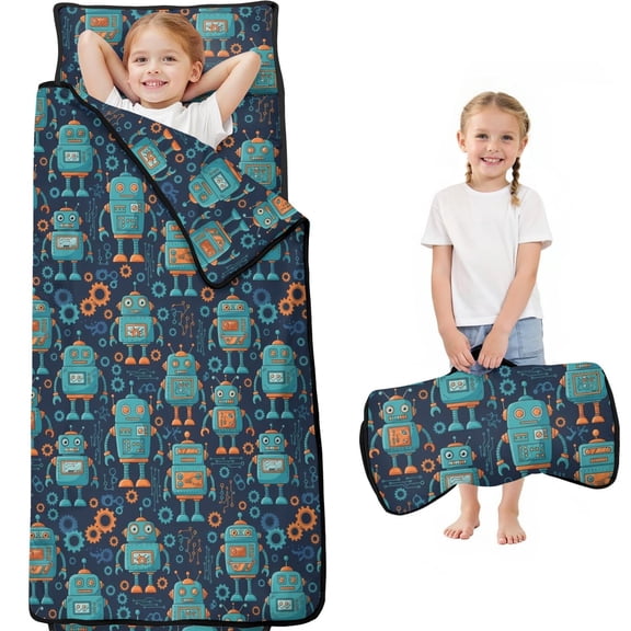 Robot and Gears Blue Pattern Teens Toddler Nap Mat with Pillow, Sleeping Mat Bag for Preschool Daycare 59"x22"
