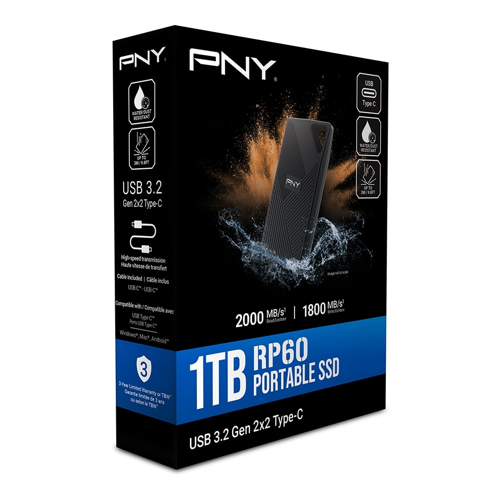 PNY RP60 1TB USB 3.2 Gen2x2 Type-C Rugged External Portable SSD – Up to 2,000MB/s PSD0CS3060-1TB-RB