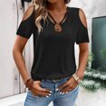 thumbnail image 5 of RYRJJ Womens Summer Cold Shoulder Tops Short Sleeve V Neck T Shirts Loose Dressy Casual Tunic Blouses Criss Cross Tees(Black,XL), 5 of 9