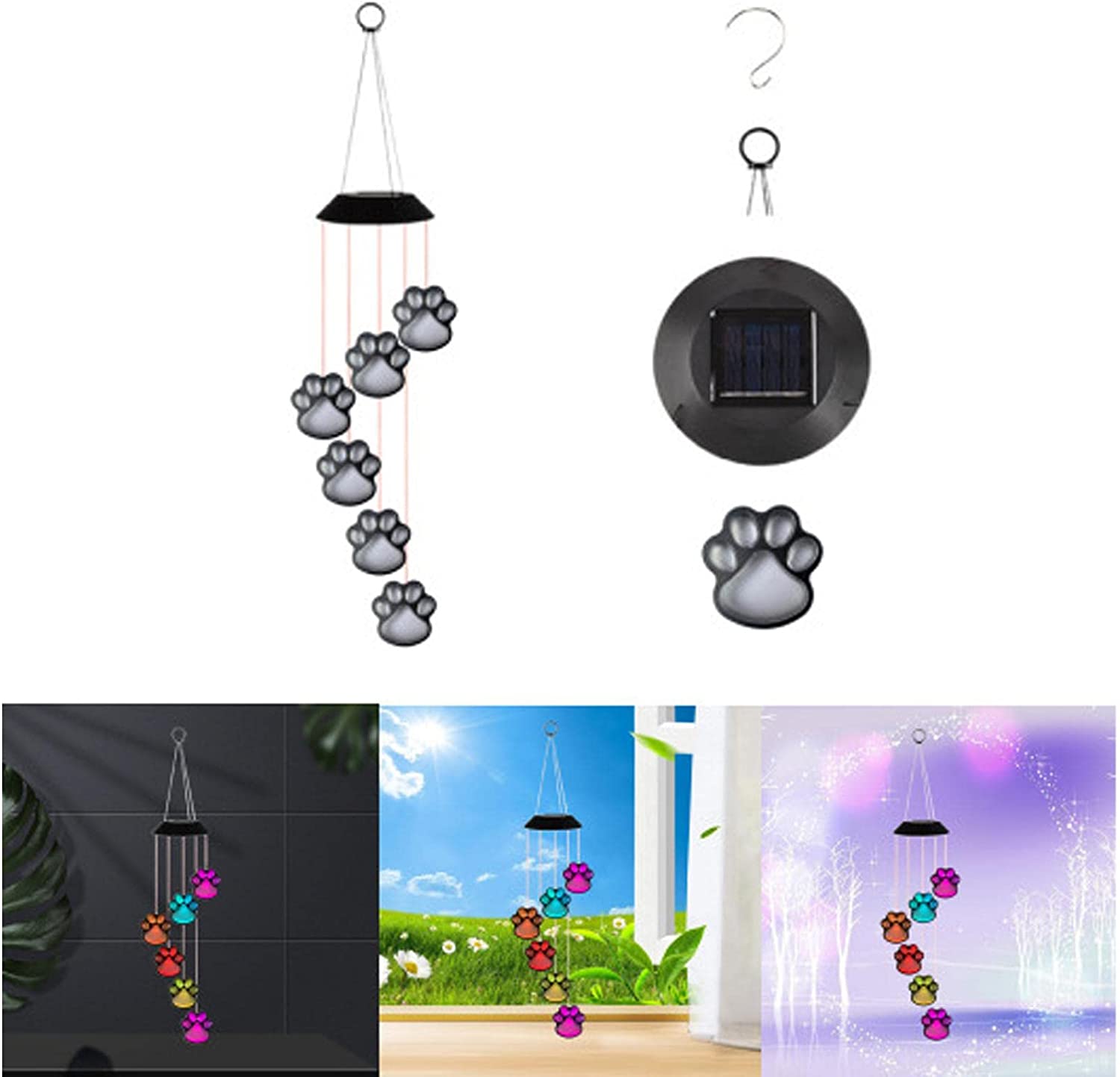 Solar Wind Chime Outdoor,Paw Prints Solar Hanging Lights,Waterproof LED Color Changing Solar Wind Chime Light,Dog Paw Lawn Light for Patio Garden Yard Home Decoration